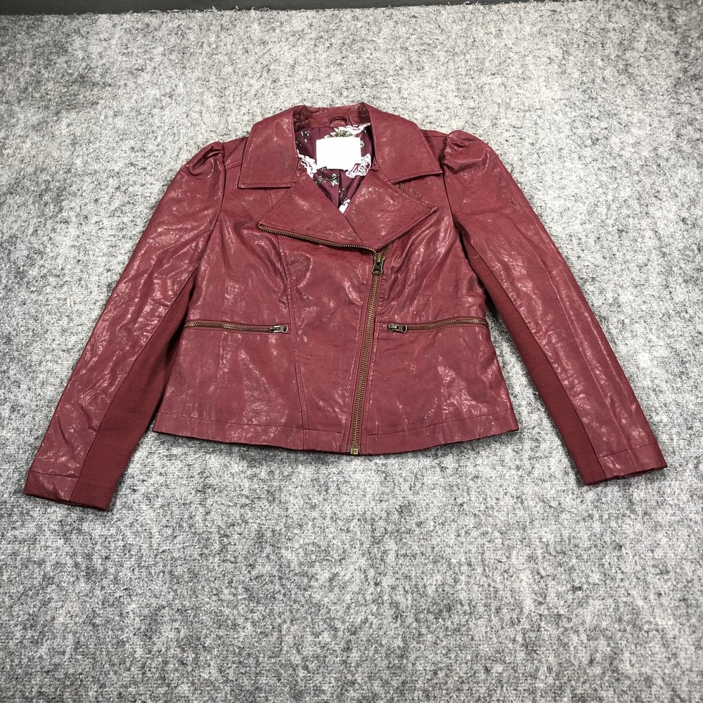 Anthropologie Jacket Womens Petite Small Red Faux Leather Moto Floral Lined